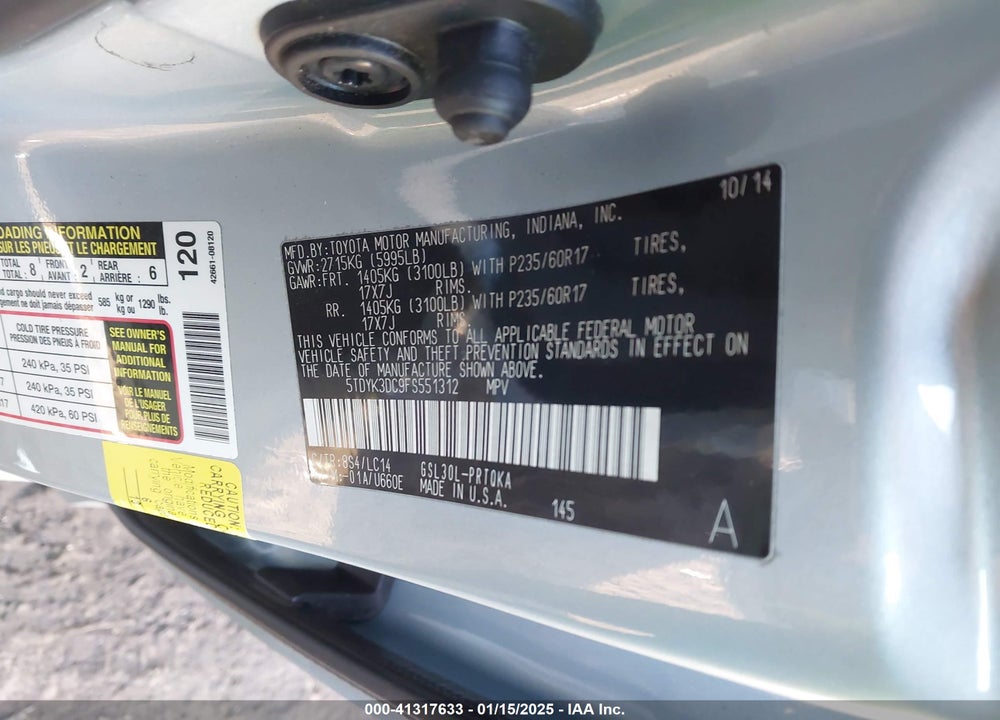 2015 TOYOTA SIENNA XLE 8 PASSENGER VIN: 5TDYK3DC9FS551312