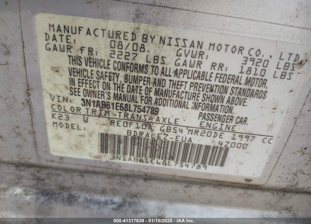 2008 NISSAN SENTRA 2.0S VIN: 3N1AB61E68L754789