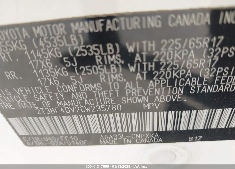 2012 TOYOTA RAV4 VIN: 2T3BF4DV2CW235780