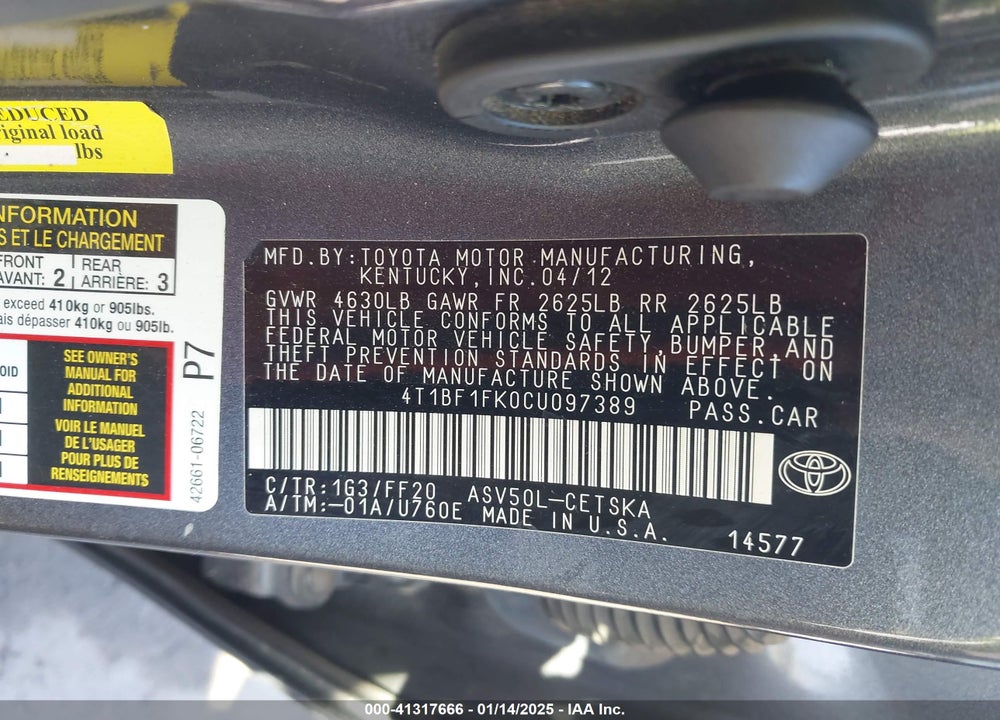 2012 TOYOTA CAMRY SE VIN: 4T1BF1FK0CU097389