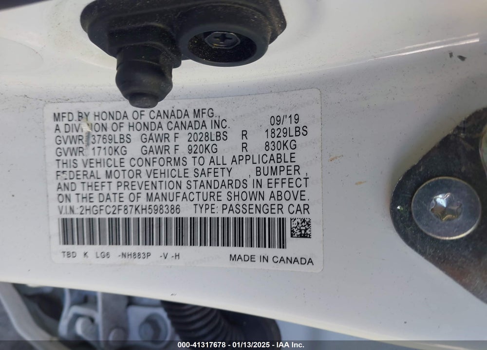 2019 HONDA CIVIC SPORT VIN: 2HGFC2F87KH598386