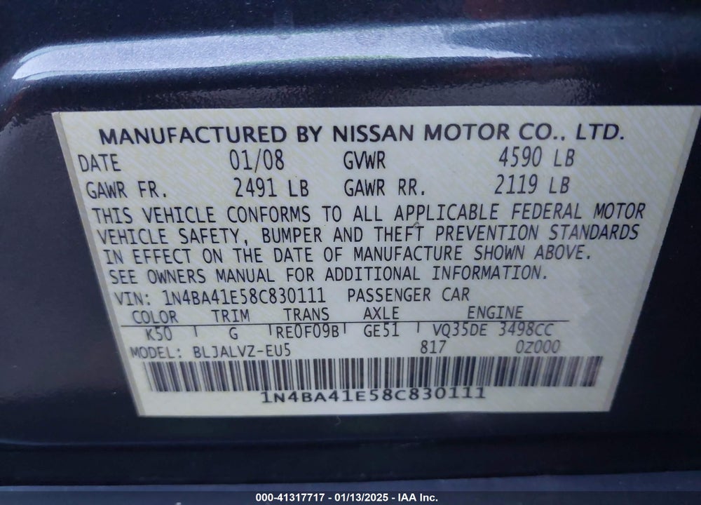 2008 NISSAN MAXIMA 3.5 SE VIN: 1N4BA41E58C830111