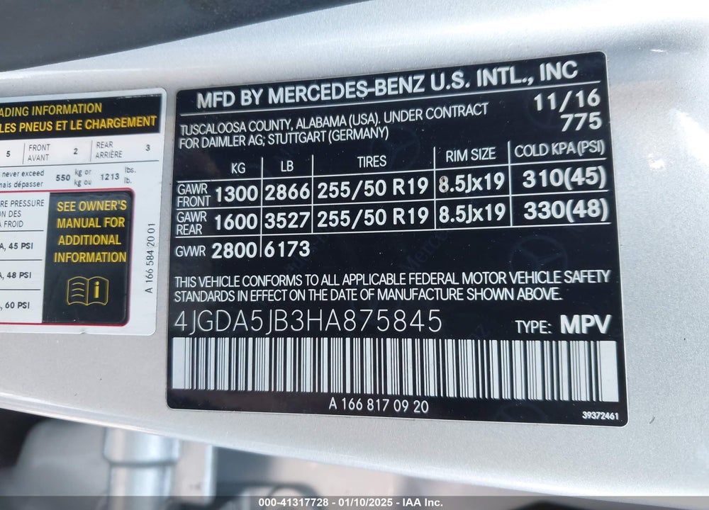 2017 MERCEDES-BENZ GLE 350 VIN: 4JGDA5JB3HA875845