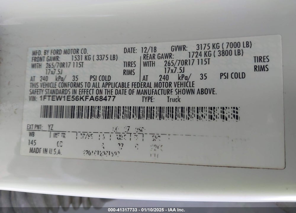 2019 FORD F-150 XL VIN: 1FTEW1E56KFA68477