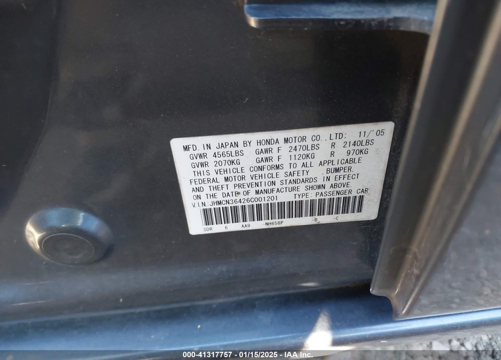2006 HONDA ACCORD HYBRID VIN: JHMCN36426C001201