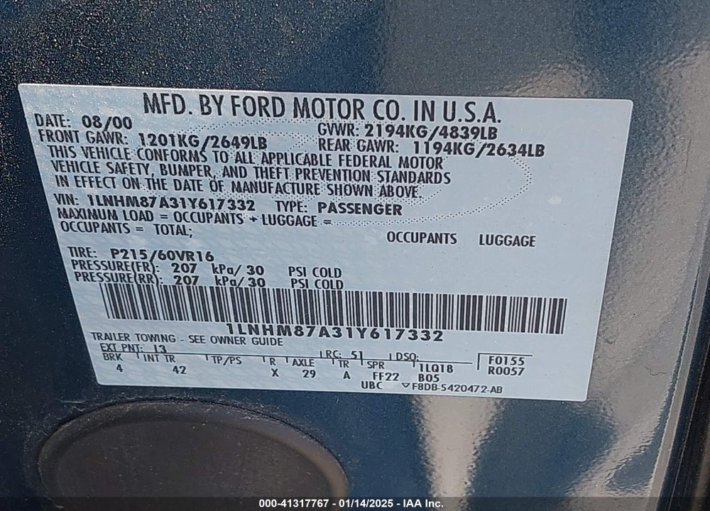 2001 LINCOLN LS V8 AUTO VIN: 1LNHM87A31Y617332
