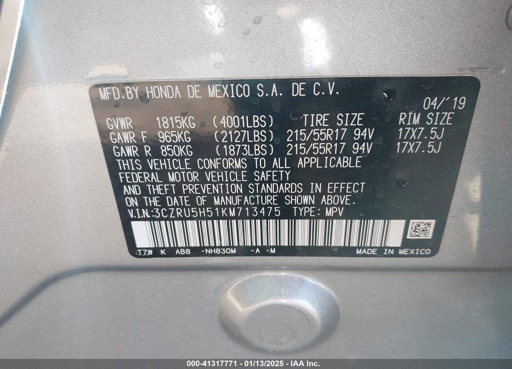 2019 HONDA HR-V EX VIN: 3CZRU5H51KM713475