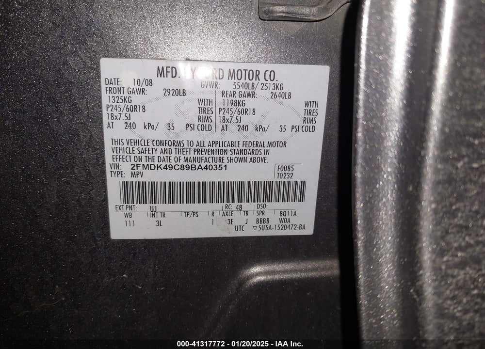 2009 FORD EDGE LIMITED VIN: 2FMDK49C89BA40351