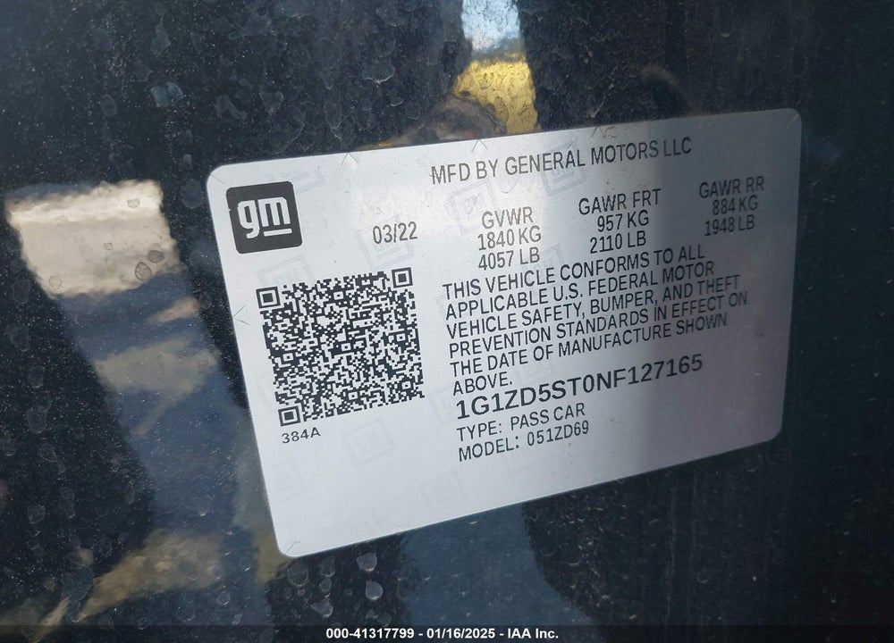 2022 CHEVROLET MALIBU VIN: 1G1ZD5ST0NF127165