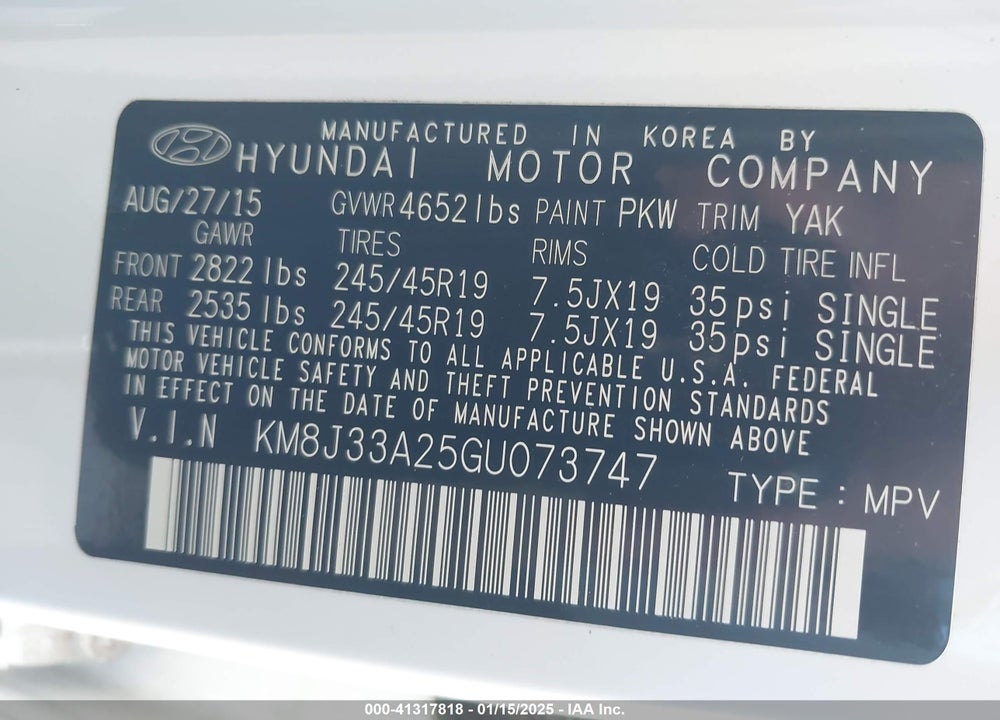 2016 HYUNDAI TUCSON VIN: KM8J33A25GU073747