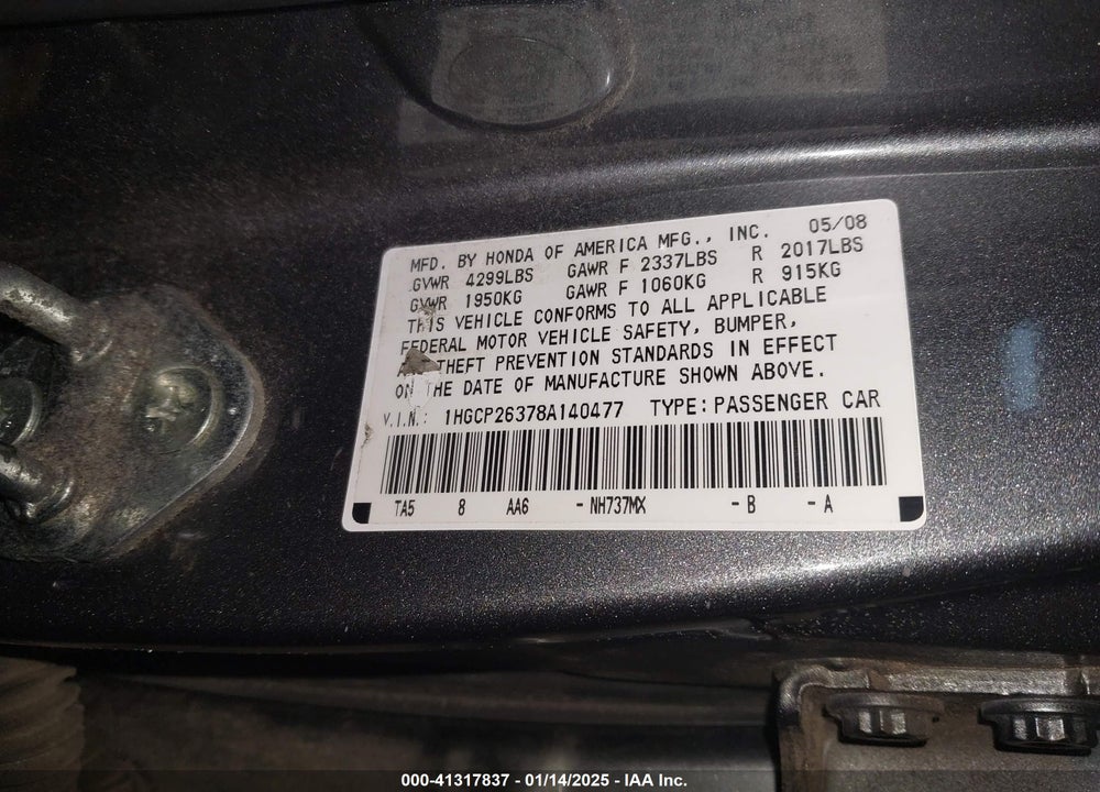 2008 HONDA ACCORD VIN: 1HGCP26378A140477