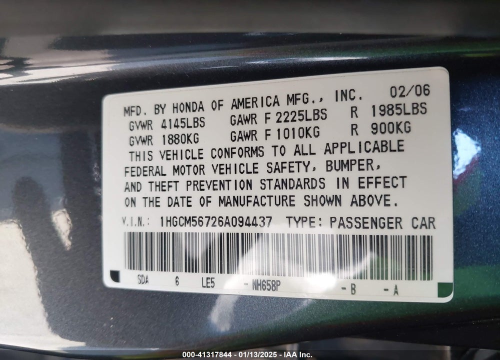 2006 HONDA ACCORD VIN: 1HGCM56726A094437