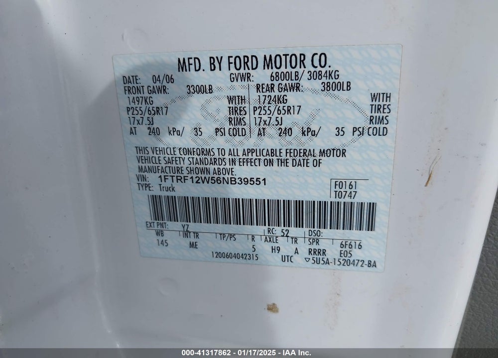 2006 FORD F150 VIN: 1FTRF12W56NB39551