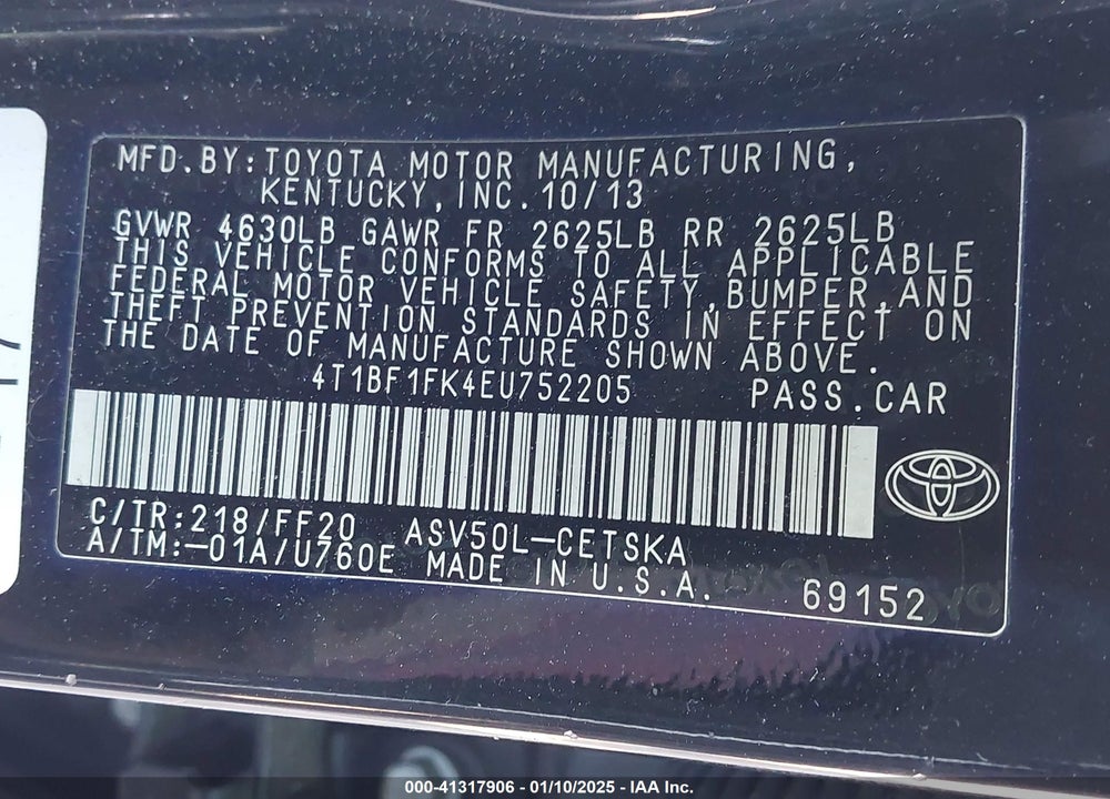 2014 TOYOTA CAMRY SE VIN: 4T1BF1FK4EU752205