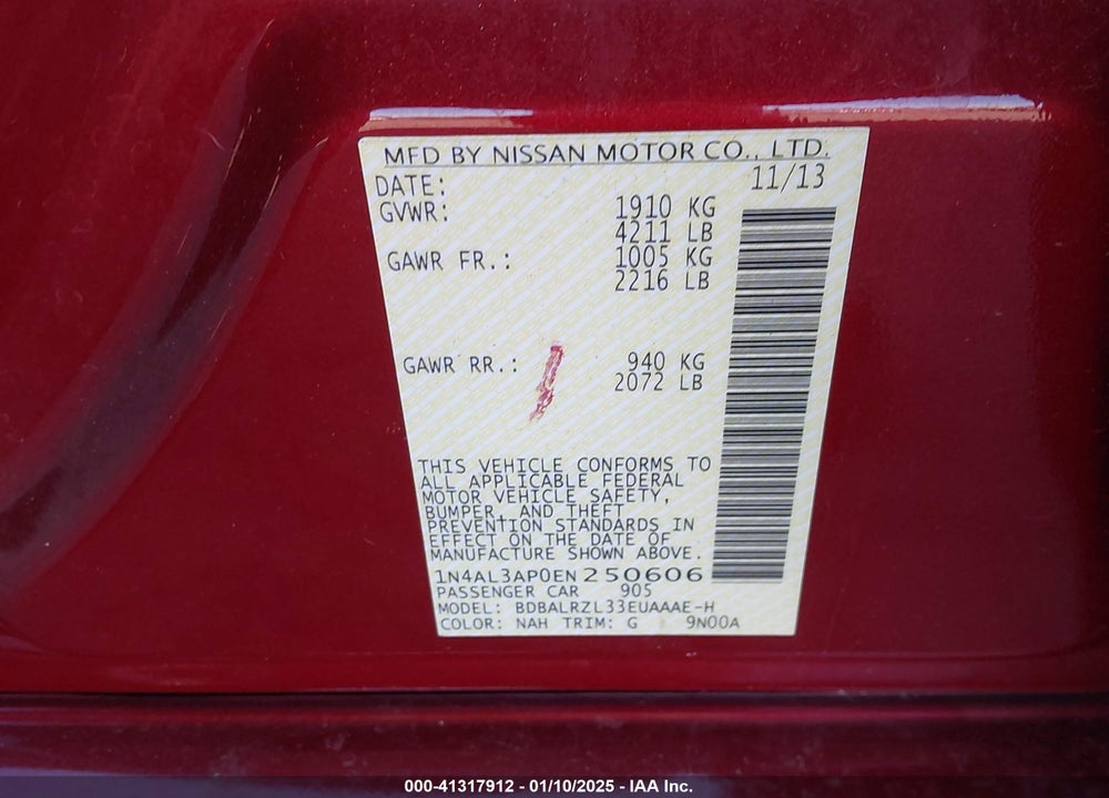 2014 NISSAN ALTIMA VIN: 1N4AL3AP0EN250606