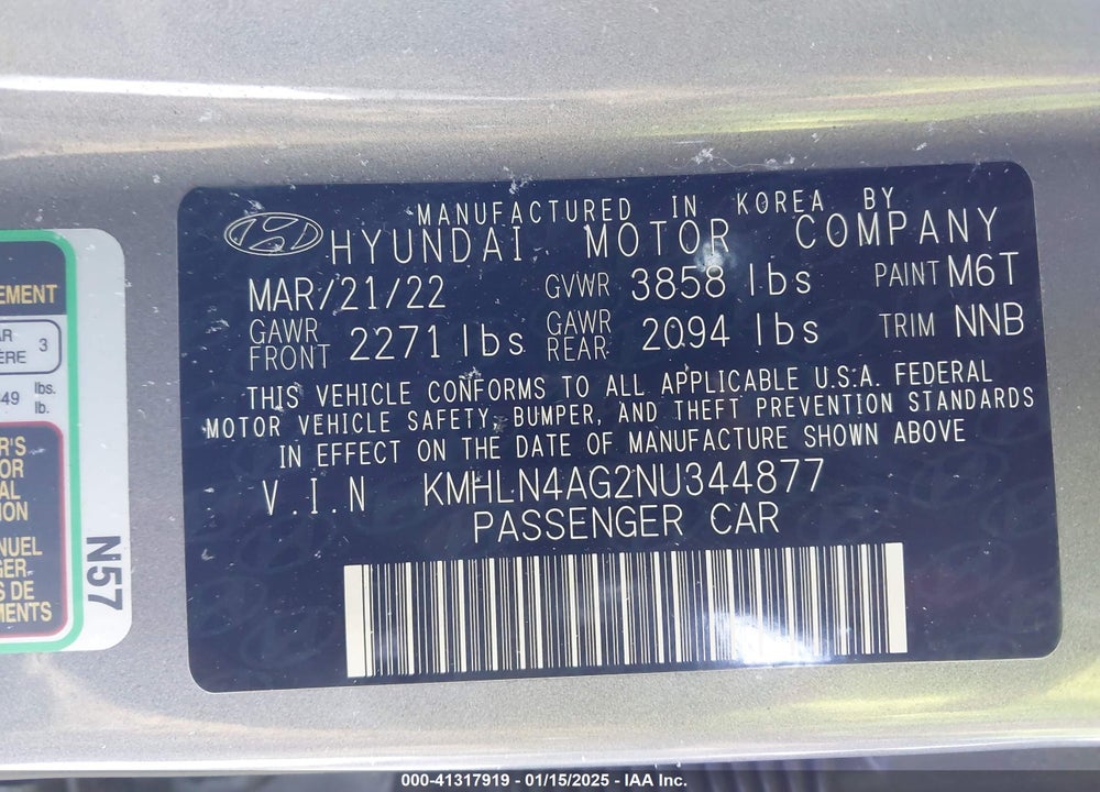 2022 HYUNDAI ELANTRA VIN: KMHLN4AG2NU344877