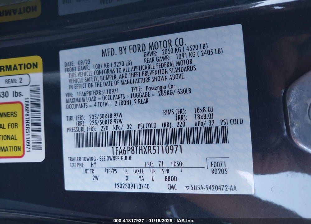 2024 FORD MUSTANG ECOBOOST FASTBACK VIN: 1FA6P8THXR5110971