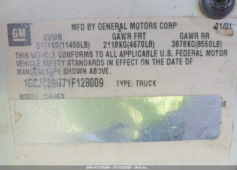 2001 CHEVROLET SILVERADO 3500 LS VIN: 1GCJC39U71F128009