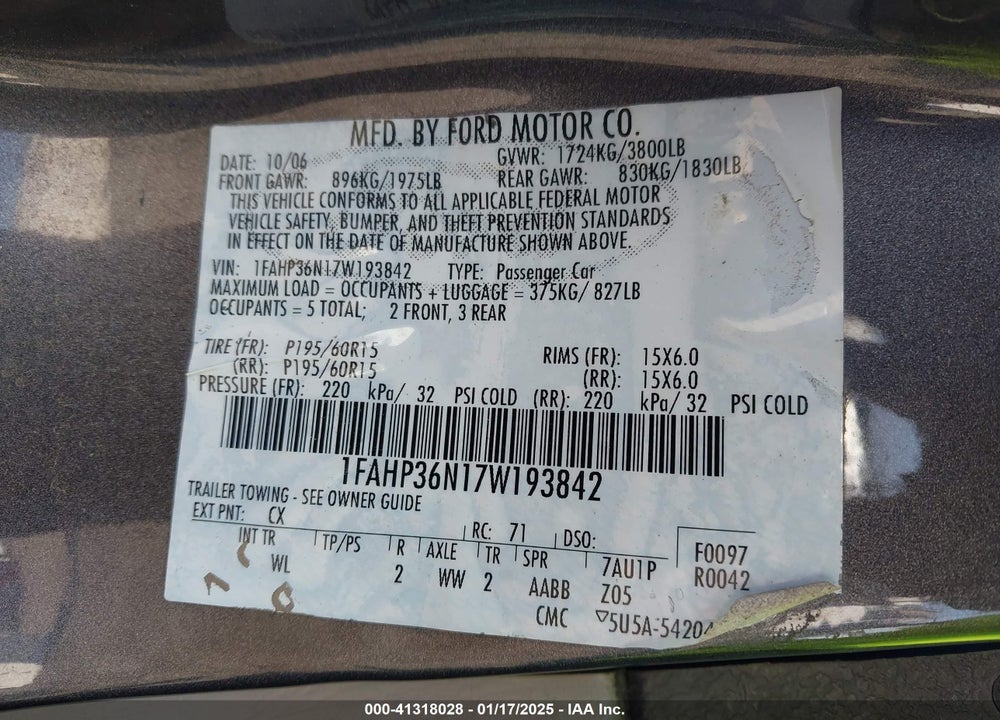 2007 FORD FOCUS VIN: 1FAHP36N17W193842