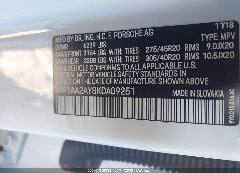 2019 PORSCHE CAYENNE VIN: WP1AA2AY8KDA09251