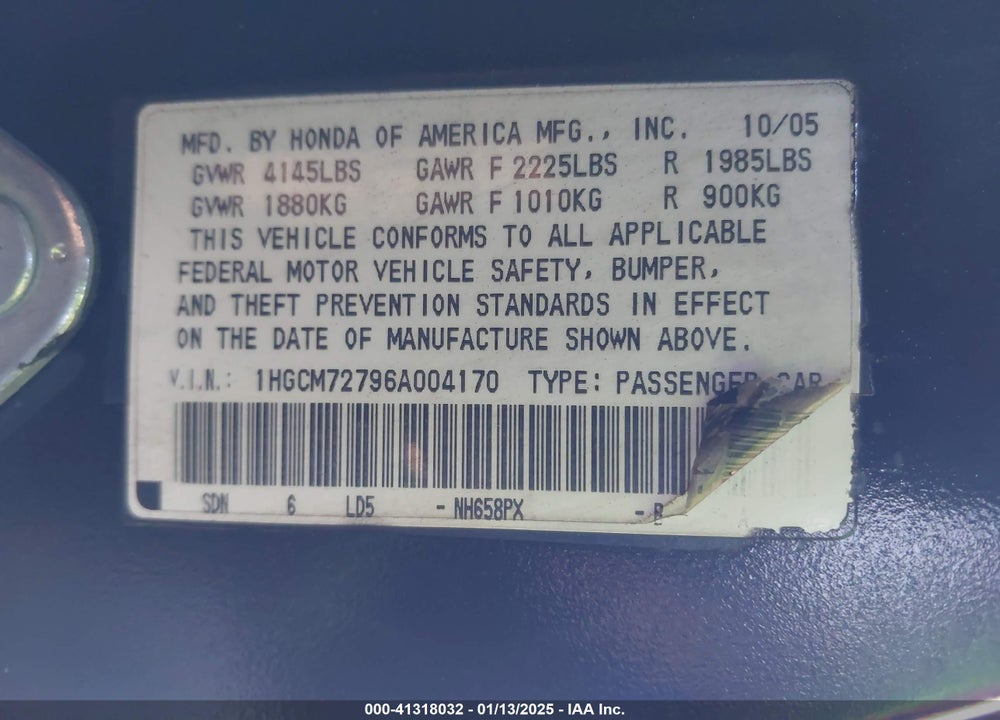 2006 HONDA ACCORD 2.4 EX VIN: 1HGCM72796A004170