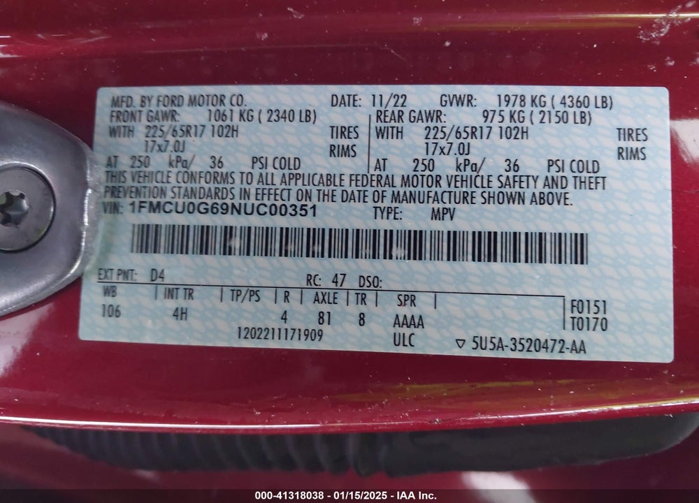 2022 FORD ESCAPE VIN: 1FMCU0G69NUC00351