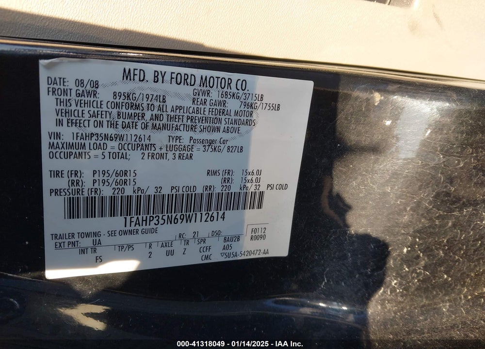 2009 FORD FOCUS SE VIN: 1FAHP35N69W112614
