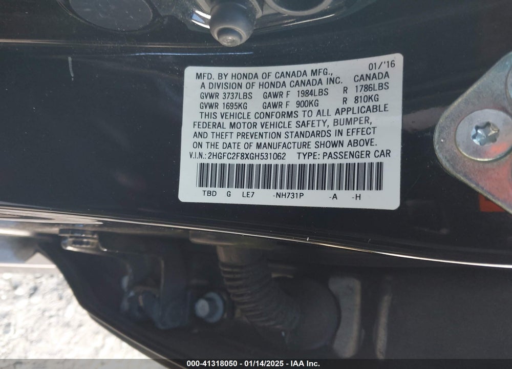 2016 HONDA CIVIC VIN: 2HGFC2F8XGH531062