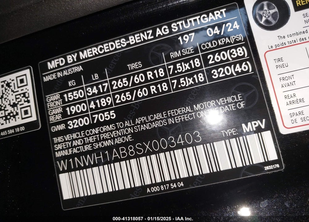 2025 MERCEDES-BENZ G 550 VIN: W1NWH1AB8SX003403