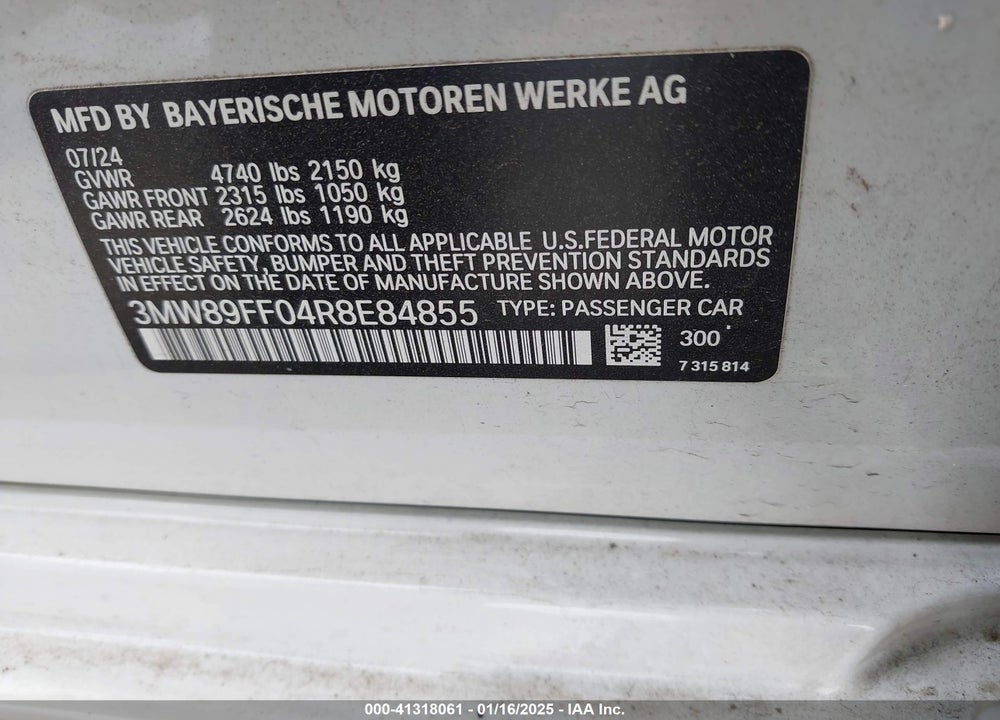 2024 BMW 3 SERIES VIN: 3MW89FF04R8E84855