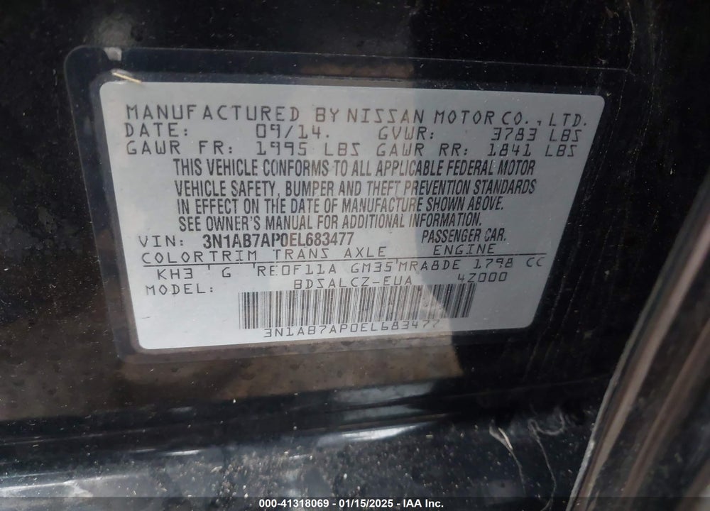 2014 NISSAN SENTRA S VIN: 3N1AB7AP0EL683477