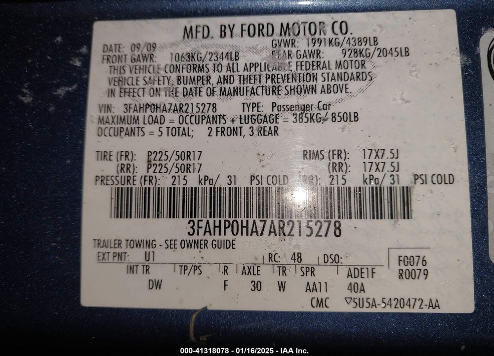 2010 FORD FUSION VIN: 3FAHP0HA7AR215278