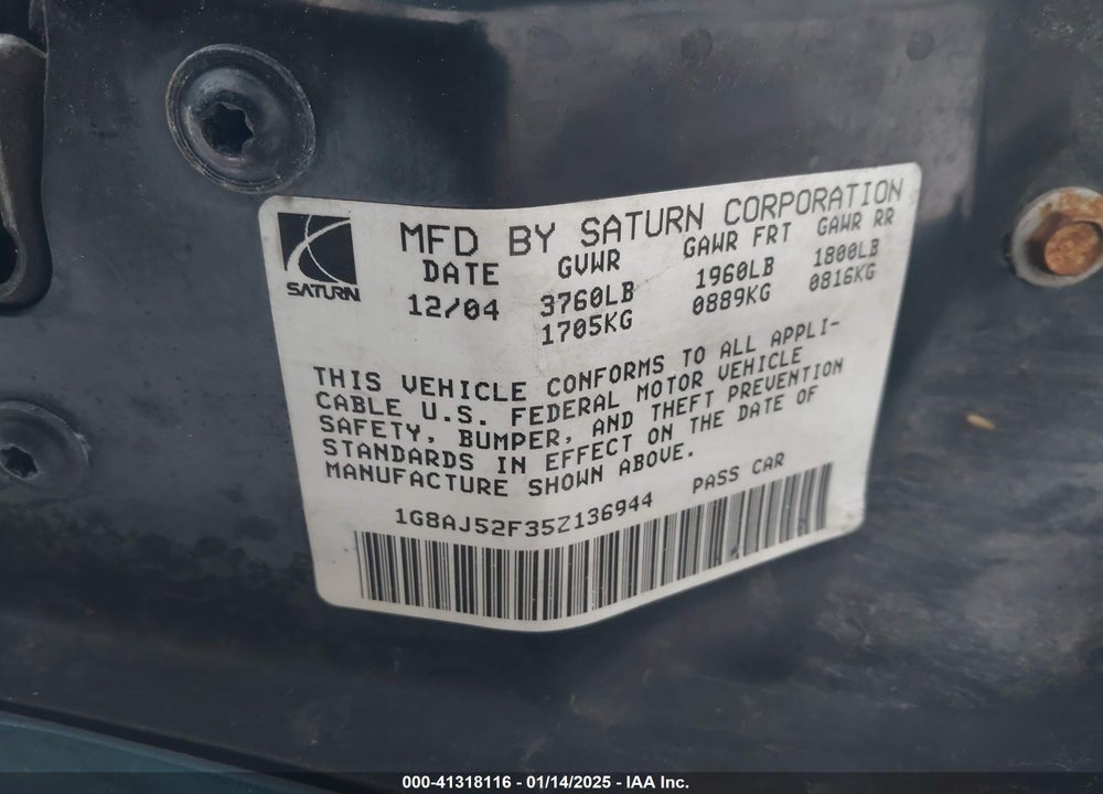 2005 SATURN ION 2 VIN: 1G8AJ52F35Z136944