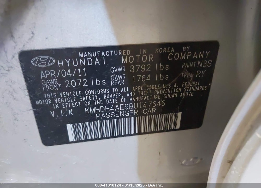 2011 HYUNDAI ELANTRA LIMITED (ULSAN PLANT) VIN: KMHDH4AE9BU147646
