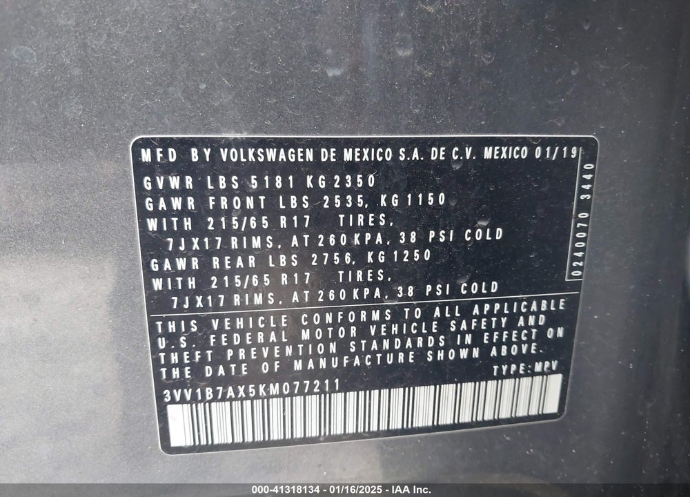 2019 VOLKSWAGEN TIGUAN VIN: 3VV1B7AX5KM077211