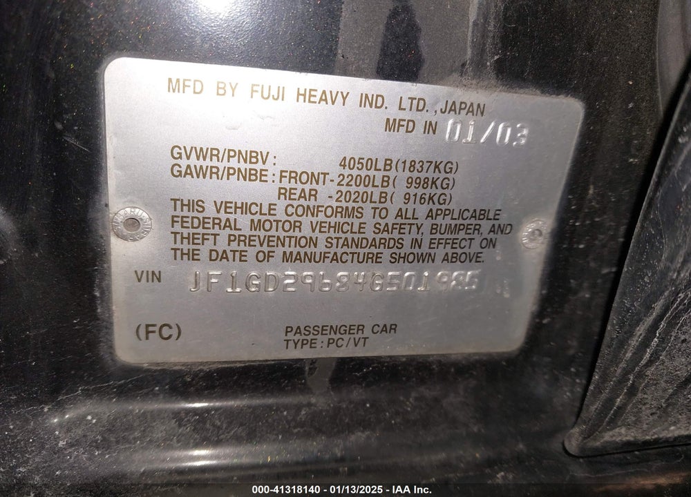 2004 SUBARU IMPREZA WRX VIN: JF1GD29684G501985