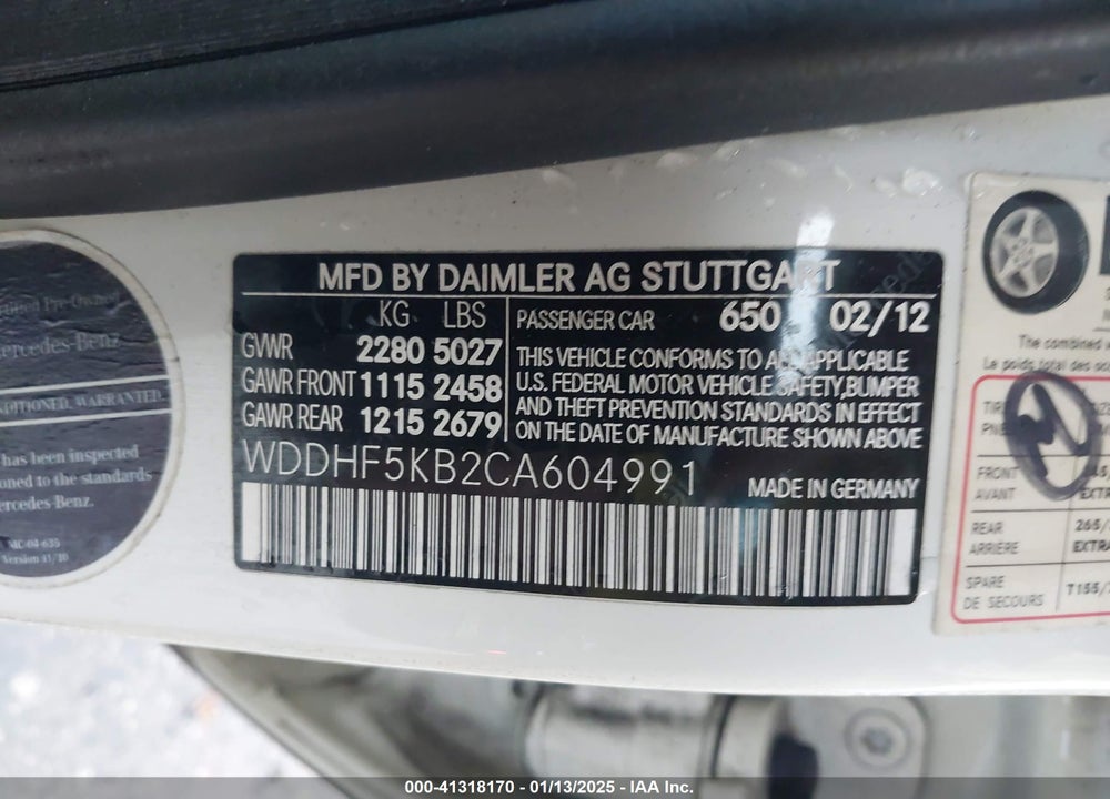2012 MERCEDES-BENZ E 350 VIN: WDDHF5KB2CA604991