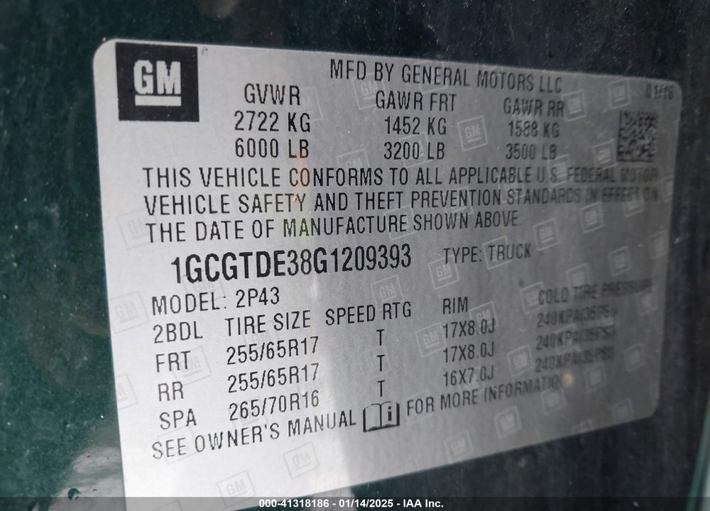 2016 CHEVROLET COLORADO Z71 VIN: 1GCGTDE38G1209393