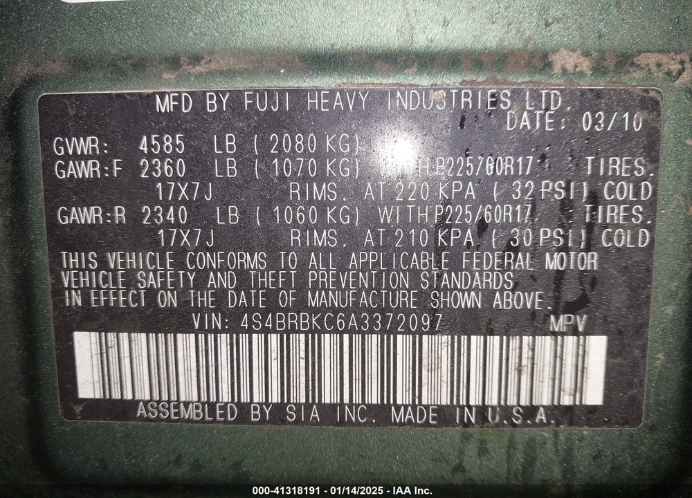 2010 SUBARU OUTBACK 2.5I LIMITED VIN: 4S4BRBKC6A3372097