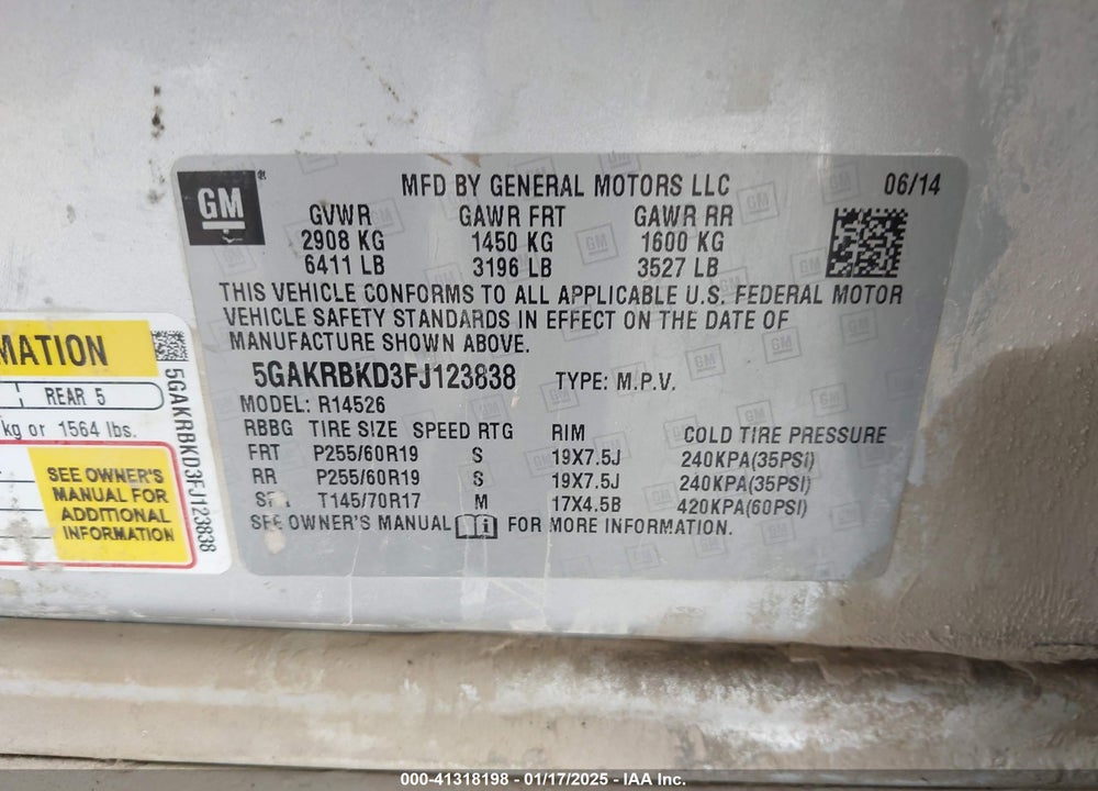 2015 BUICK ENCLAVE LEATHER VIN: 5GAKRBKD3FJ123838