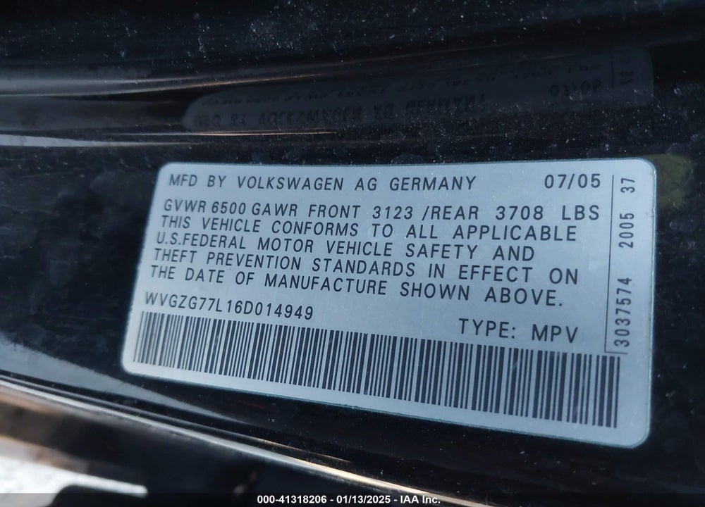 2006 VOLKSWAGEN TOUAREG VIN: WVGZG77L16D014949