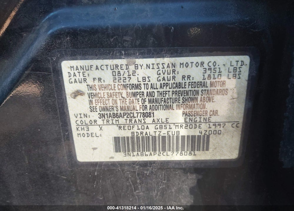 2012 NISSAN SENTRA VIN: 3N1AB6AP2CL778081