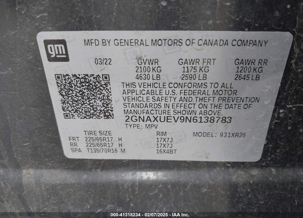 2022 CHEVROLET EQUINOX VIN: 2GNAXUEV9N6138783