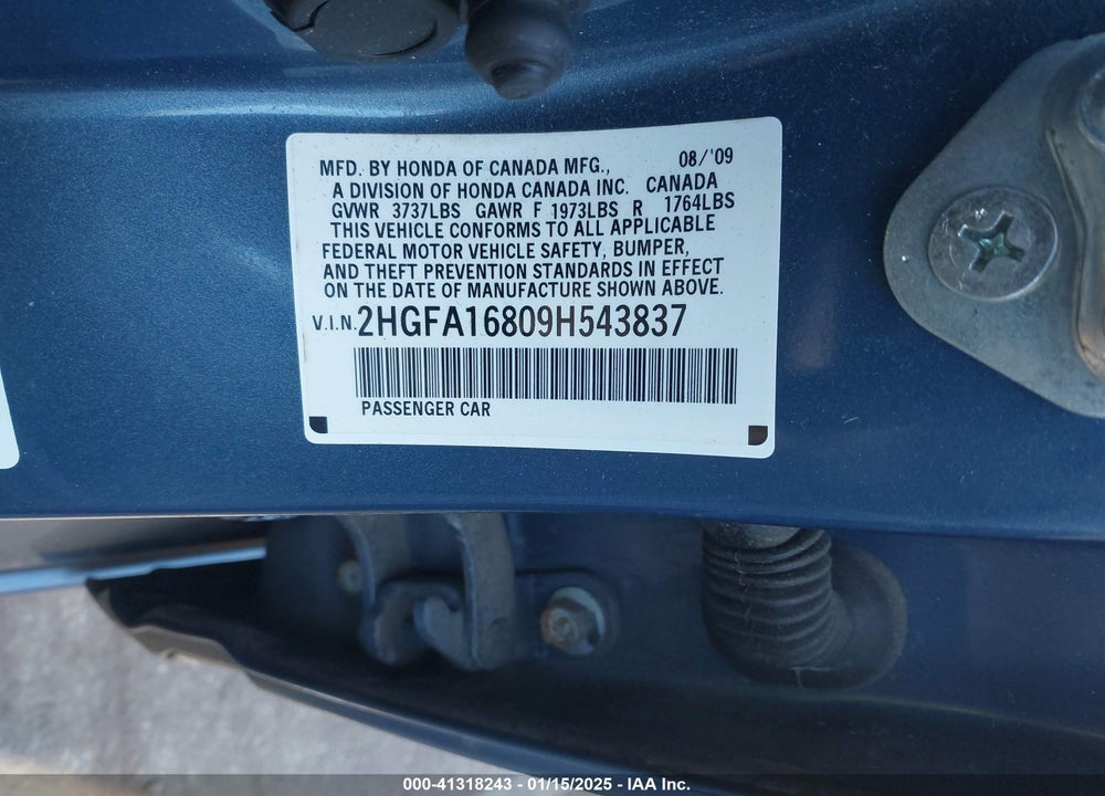 2009 HONDA CIVIC VIN: 2HGFA16809H543837