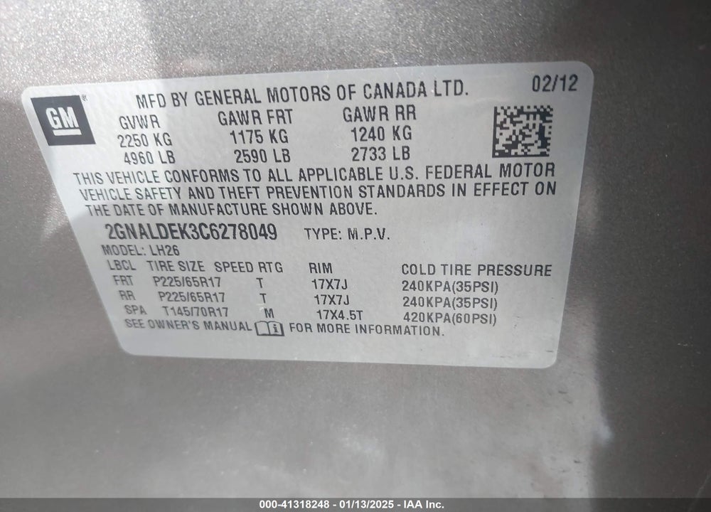 2012 CHEVROLET EQUINOX 1LT VIN: 2GNALDEK3C6278049