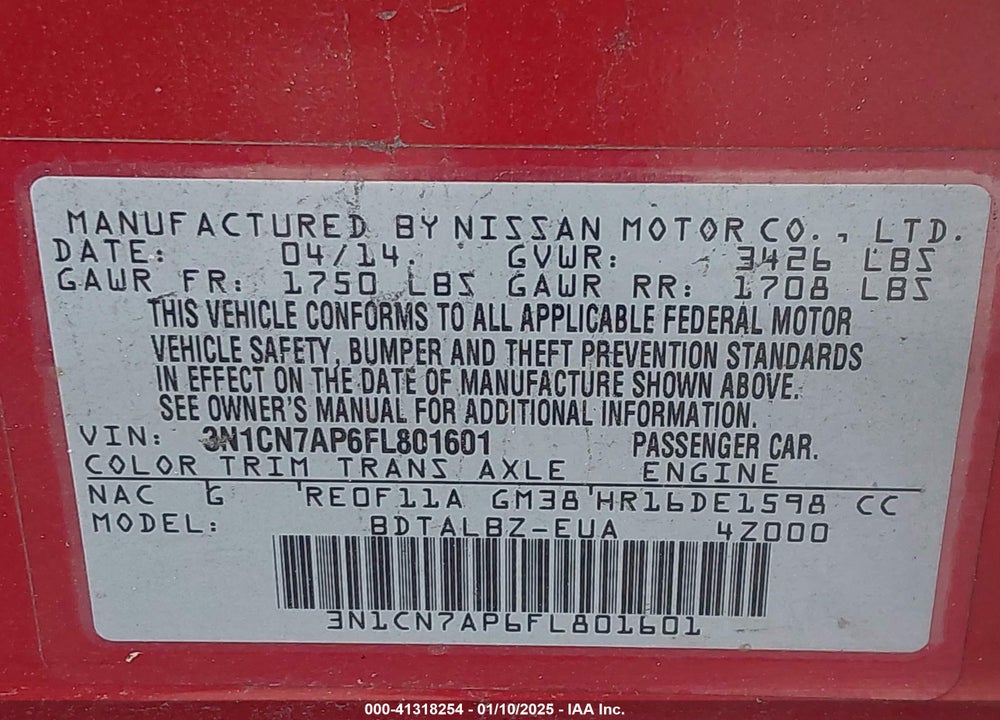 2015 NISSAN VERSA 1.6 SV VIN: 3N1CN7AP6FL801601