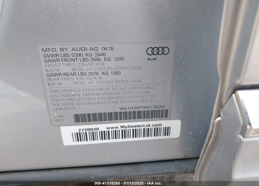 2015 AUDI Q5 VIN: WA1LFAFP3FA135069