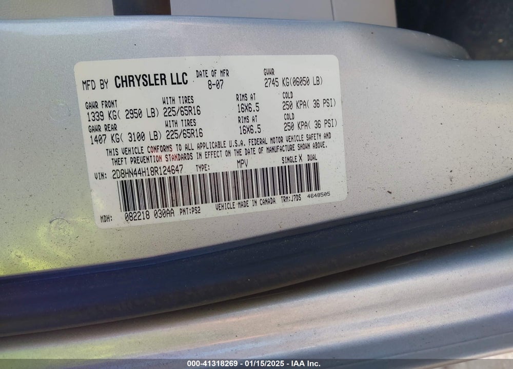 2008 DODGE GRAND CARAVAN SE VIN: 2D8HN44H18R124647
