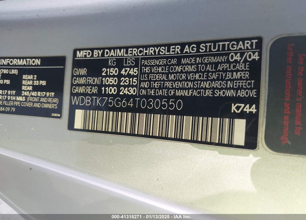 2004 MERCEDES-BENZ CLK 500 VIN: WDBTK75G64T030550