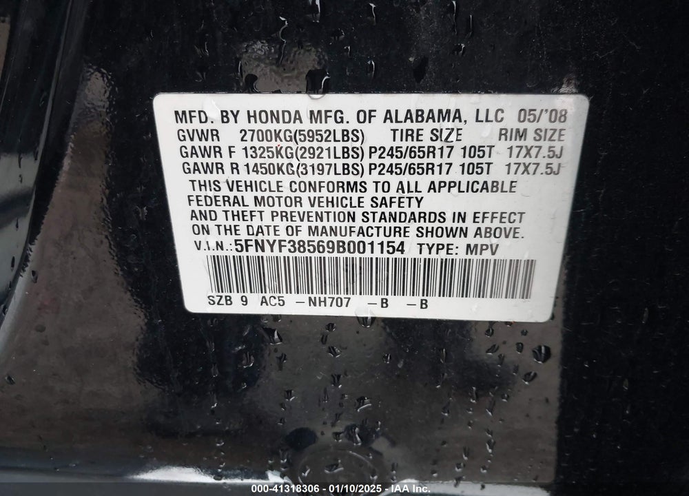 2009 HONDA PILOT EX-L VIN: 5FNYF38569B001154